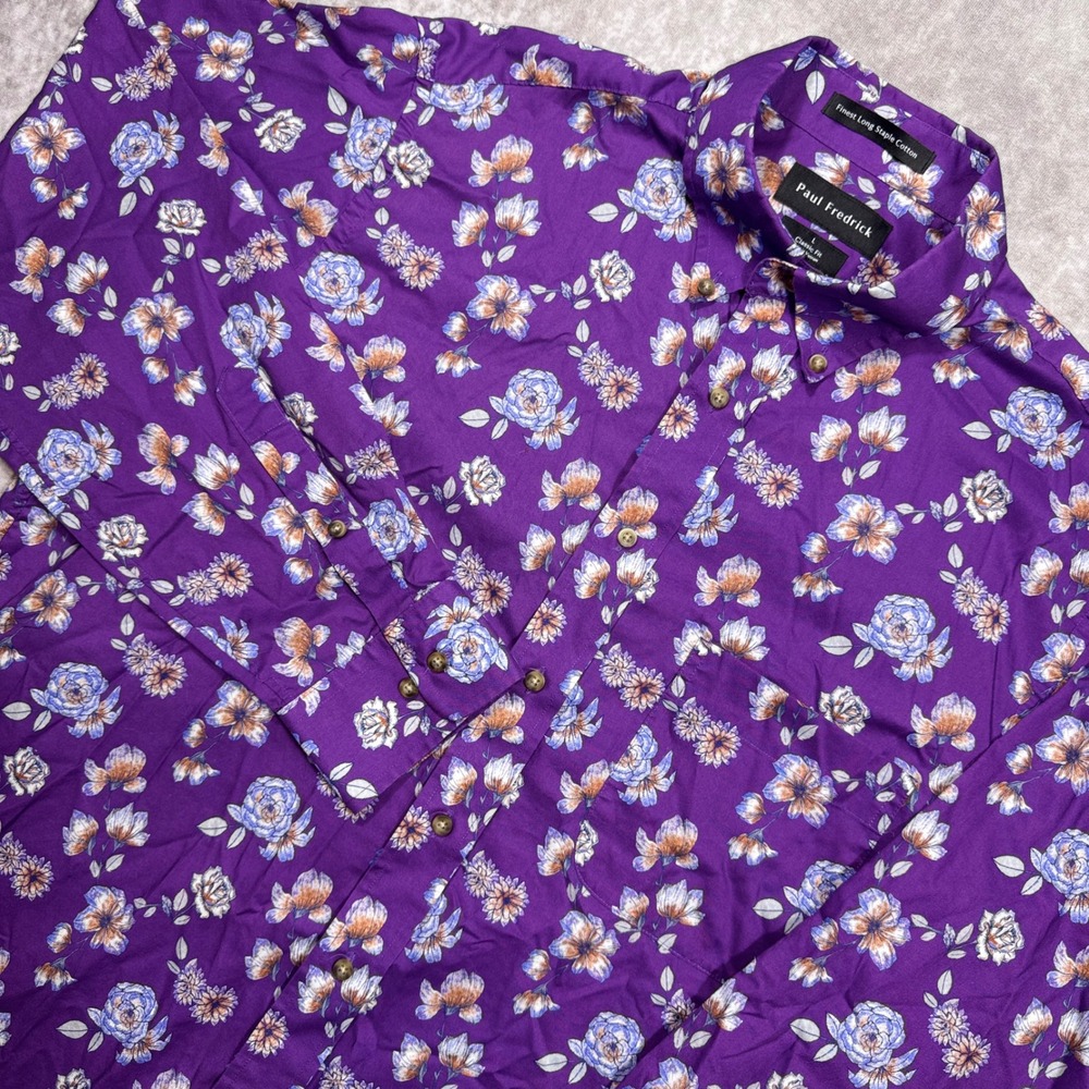 Paul Fredrick Mens Purple Floral Long Staple Cotton Button Down Shirt Large L